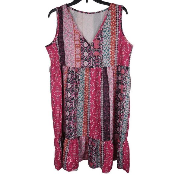 Women's Pink & Purple Geometric Print V-neck Sleeveless Dress L - Picture 1 of 8
